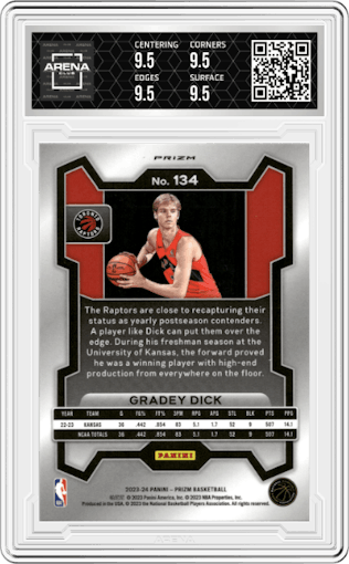 Gradey Dick from the 2023-24 Panini Prizm set featuring a Ice Prizm parallel graded by Arena Club and given an overall grade of 9.5.