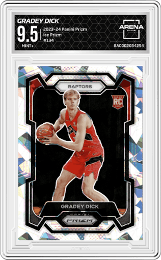 Gradey Dick from the 2023-24 Panini Prizm set featuring a Ice Prizm parallel graded by Arena Club and given an overall grade of 9.5.