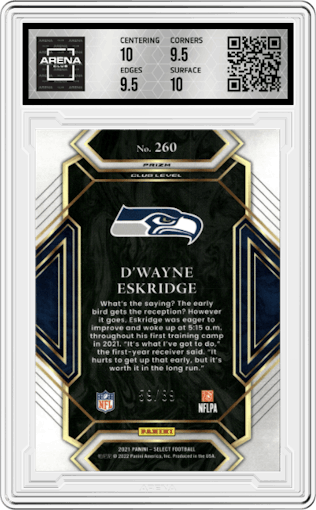 D'Wayne Eskridge from the 2021 Panini Select set featuring a Dragon Scale parallel graded by Arena Club and given an overall grade of 10.