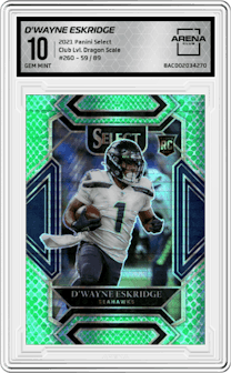 D'Wayne Eskridge from the 2021 Panini Select set featuring a Dragon Scale parallel graded by Arena Club and given an overall grade of 10.