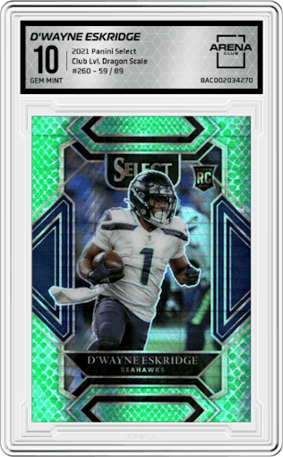 D'Wayne Eskridge from the 2021 Panini Select set featuring a Dragon Scale parallel graded by Arena Club and given an overall grade of 10.