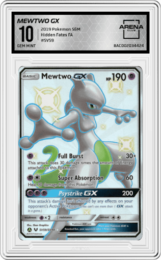 Mewtwo GX from the 2019 Pokemon S&M  set graded by Arena Club and given an overall grade of 10.