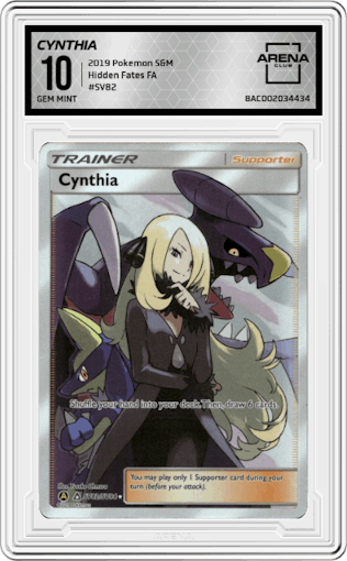 Cynthia from the 2019 Pokemon S&M  set graded by Arena Club and given an overall grade of 10.
