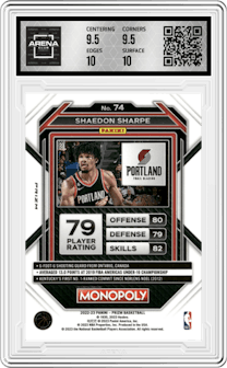 Shaedon Sharpe from the 2022-23 Panini Prizm Monopoly set featuring a Gold Money Shimmer parallel graded by Arena Club and given an overall grade of 10.