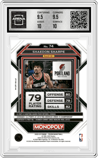Shaedon Sharpe from the 2022-23 Panini Prizm Monopoly set featuring a Gold Money Shimmer parallel graded by Arena Club and given an overall grade of 10.