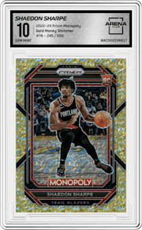 Shaedon Sharpe from the 2022-23 Panini Prizm Monopoly set featuring a Gold Money Shimmer parallel graded by Arena Club and given an overall grade of 10.