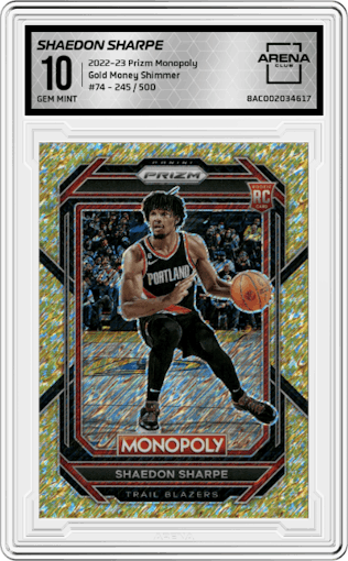 Shaedon Sharpe from the 2022-23 Panini Prizm Monopoly set featuring a Gold Money Shimmer parallel graded by Arena Club and given an overall grade of 10.