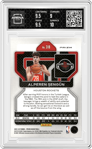 Alperen Sengun from the 2021-22 Panini Prizm  set featuring a Red/White/Blue Prizm parallel graded by Arena Club and given an overall grade of 9.5.