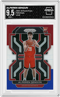 Alperen Sengun from the 2021-22 Panini Prizm  set featuring a Red/White/Blue Prizm parallel graded by Arena Club and given an overall grade of 9.5.
