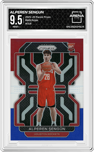 Alperen Sengun from the 2021-22 Panini Prizm  set featuring a Red/White/Blue Prizm parallel graded by Arena Club and given an overall grade of 9.5.