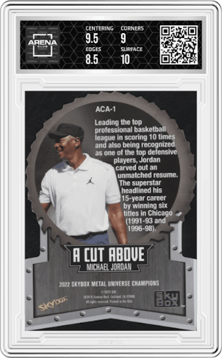 Michael Jordan from the 2022 Skybox Metal Universe Champions Multi-Sport set graded by Arena Club and given an overall grade of 9.