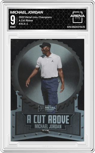 Michael Jordan from the 2022 Skybox Metal Universe Champions Multi-Sport set graded by Arena Club and given an overall grade of 9.