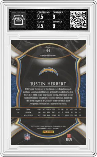 Justin Herbert from the 2020 Panini Select set graded by Arena Club and given an overall grade of 9.5.