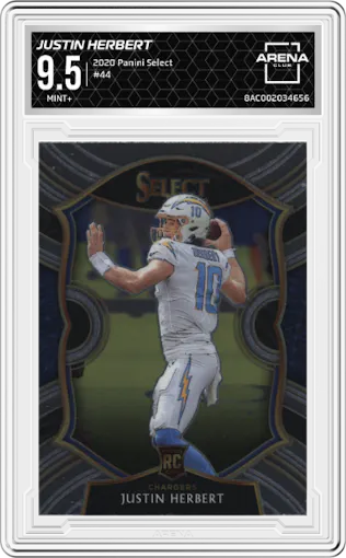 Justin Herbert from the 2020 Panini Select set graded by Arena Club and given an overall grade of 9.5.