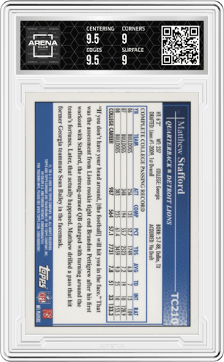 Matthew Stafford from the 2009 Topps Chrome set graded by Arena Club and given an overall grade of 9.5.