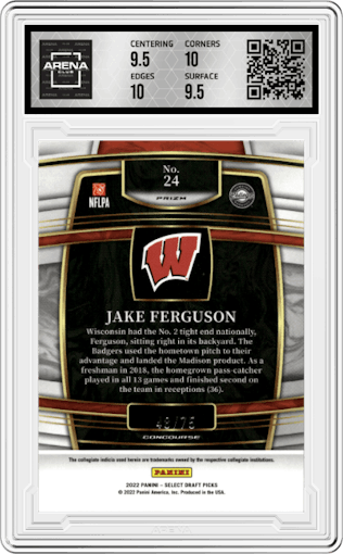 Jake Ferguson from the 2022 Panini Select Draft Picks set featuring a Purple Prizm parallel graded by Arena Club and given an overall grade of 10.