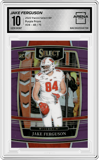 Jake Ferguson from the 2022 Panini Select Draft Picks set featuring a Purple Prizm parallel graded by Arena Club and given an overall grade of 10.