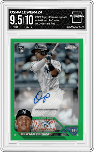 Oswald Peraza from the 2023 Topps Chrome Update set featuring a Green Refractor parallel graded by Arena Club and given an overall grade of 9.5.