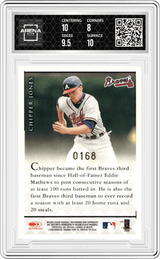 Chipper Jones from the 1998 Donruss Signature Series set graded by Arena Club and given an overall grade of 8.5.