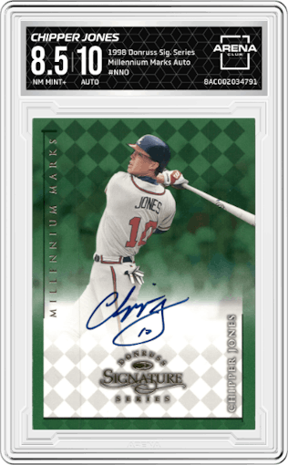 Chipper Jones from the 1998 Donruss Signature Series set graded by Arena Club and given an overall grade of 8.5.