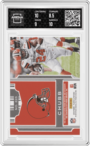 Nick Chubb from the 2018 Panini Plates & Patches set featuring a Green parallel graded by Arena Club and given an overall grade of 9.