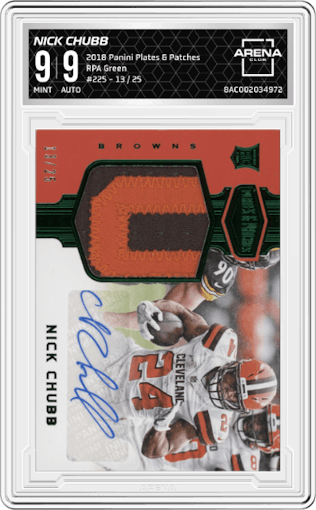 Nick Chubb from the 2018 Panini Plates & Patches set featuring a Green parallel graded by Arena Club and given an overall grade of 9.