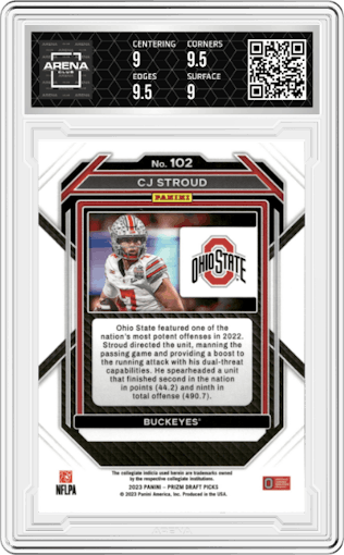 CJ Stroud from the 2023 Panini Prizm Draft Picks set graded by Arena Club and given an overall grade of 9.5.