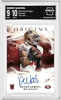 Deebo Samuel from the 2019 Panini Origins set graded by Arena Club and given an overall grade of 9.