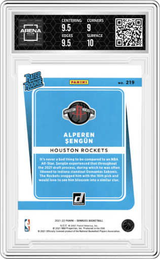 Alperen Sengun from the 2021-22 Panini Donruss set featuring a Yellow Flood parallel graded by Arena Club and given an overall grade of 9.5.