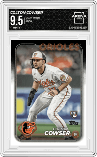 Colton Cowser from the 2024 Topps  set graded by Arena Club and given an overall grade of 9.5.