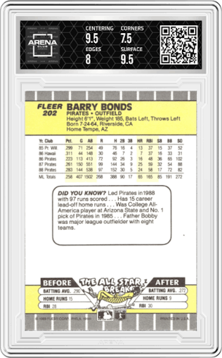 Barry Bonds from the 1989 Fleer set graded by Arena Club and given an overall grade of 8.
