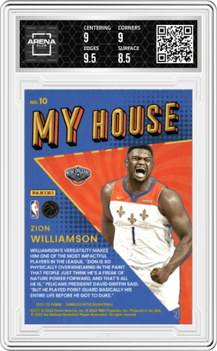 Zion Williamson from the 2021-22 Panini Donruss Optic set graded by Arena Club and given an overall grade of 9.
