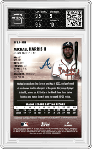 Michael Harris II from the 2023 Topps Stadium Club set graded by Arena Club and given an overall grade of 9.5.