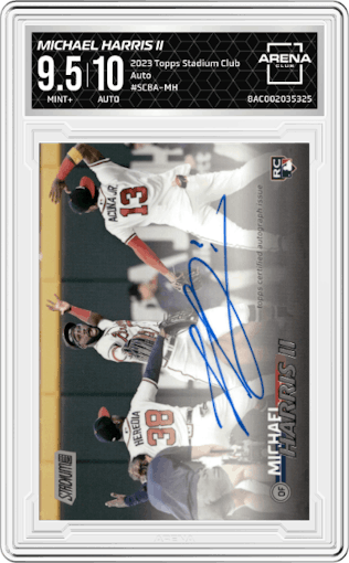 Michael Harris II from the 2023 Topps Stadium Club set graded by Arena Club and given an overall grade of 9.5.