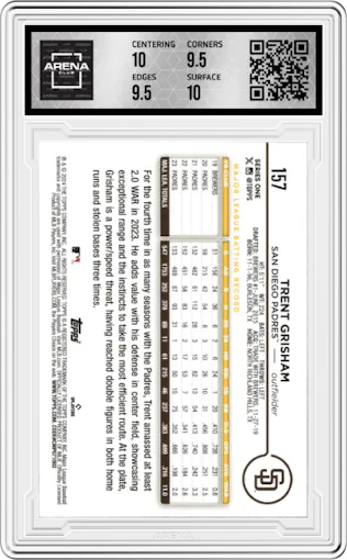 Trent Grisham from the 2024 Topps  set featuring a Rainbow Foil parallel graded by Arena Club and given an overall grade of 10.