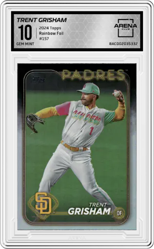 Trent Grisham from the 2024 Topps  set featuring a Rainbow Foil parallel graded by Arena Club and given an overall grade of 10.