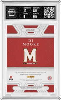 DJ Moore from the 2022 Panini National Treasures Collegiate set featuring a Silver parallel graded by Arena Club and given an overall grade of 9.