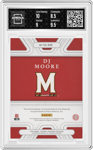 DJ Moore from the 2022 Panini National Treasures Collegiate set featuring a Silver parallel graded by Arena Club and given an overall grade of 9.