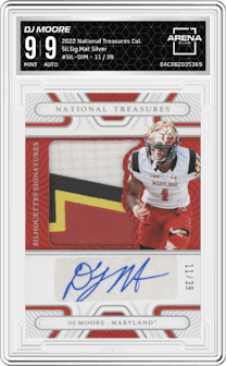 DJ Moore from the 2022 Panini National Treasures Collegiate set featuring a Silver parallel graded by Arena Club and given an overall grade of 9.