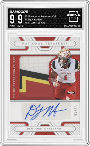 DJ Moore from the 2022 Panini National Treasures Collegiate set featuring a Silver parallel graded by Arena Club and given an overall grade of 9.