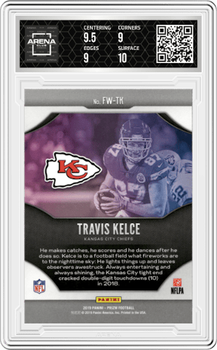 Travis Kelce from the 2019 Panini Prizm set graded by Arena Club and given an overall grade of 9.5.