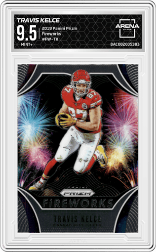 Travis Kelce from the 2019 Panini Prizm set graded by Arena Club and given an overall grade of 9.5.