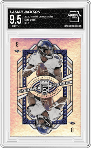 Lamar Jackson from the 2020 Panini Donruss Elite set graded by Arena Club and given an overall grade of 9.5.