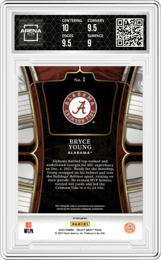 Bryce Young from the 2023 Panini Select Draft Picks set featuring a Red Lazer parallel graded by Arena Club and given an overall grade of 9.5.