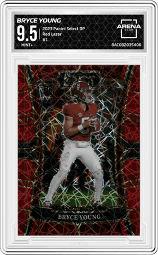Bryce Young from the 2023 Panini Select Draft Picks set featuring a Red Lazer parallel graded by Arena Club and given an overall grade of 9.5.