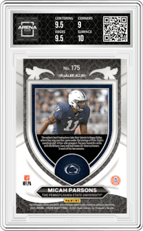 Micah Parsons from the 2021 Panini Prizm Draft Picks set featuring a Red/White/Blue Prizm parallel graded by Arena Club and given an overall grade of 9.5.