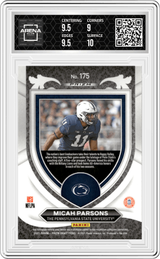 Micah Parsons from the 2021 Panini Prizm Draft Picks set featuring a Red/White/Blue Prizm parallel graded by Arena Club and given an overall grade of 9.5.