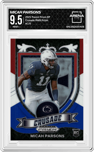 Micah Parsons from the 2021 Panini Prizm Draft Picks set featuring a Red/White/Blue Prizm parallel graded by Arena Club and given an overall grade of 9.5.