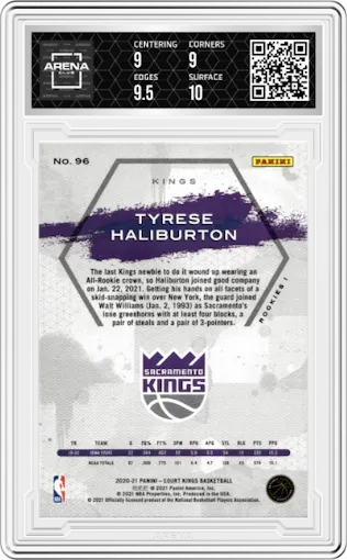 Tyrese Haliburton from the 2020-21 Panini Court Kings set graded by Arena Club and given an overall grade of 9.5.
