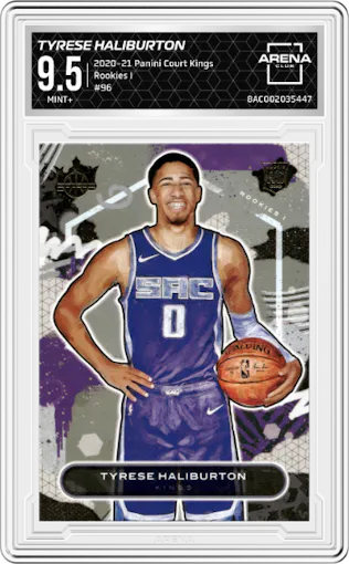 Tyrese Haliburton from the 2020-21 Panini Court Kings set graded by Arena Club and given an overall grade of 9.5.